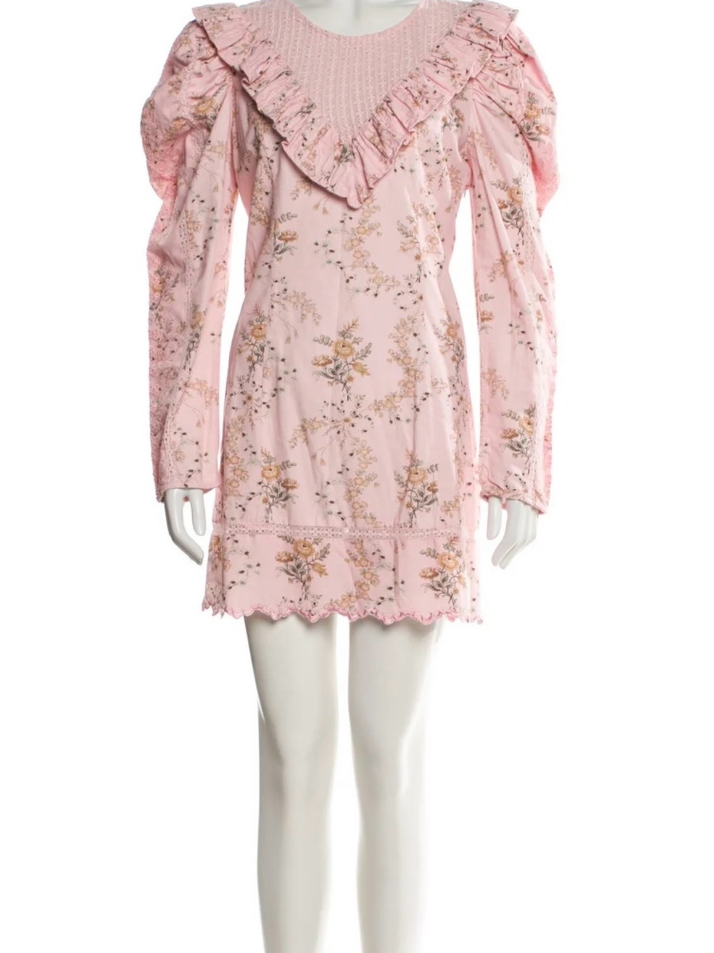 LoveShackFancy Pink Floral Ruffle-Trim Mini Dress